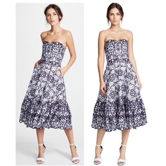 $1,295 JONATHAN SIMKHAI Scallop Bustier Midi Dress Sz 4 Blue White Embroidered - Picture 1 of 16